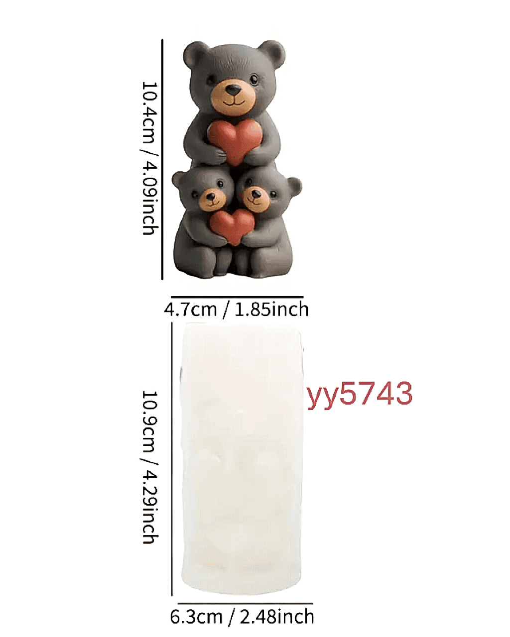  YY5743 Üçlü Kalp Tutan Gri Ayıcık Biblo Silikon Kalıp • El Yapımı Dekoratif Figür Kalıbı • Sevimli ve Anlamlı Hediye Seçeneği!
